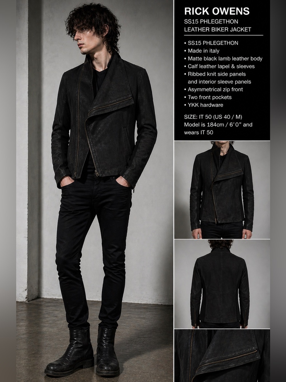 Rick Owens SS15 Phlegethon Black Leather Biker Jacket IT 50 (M) Asymmetrical Zip